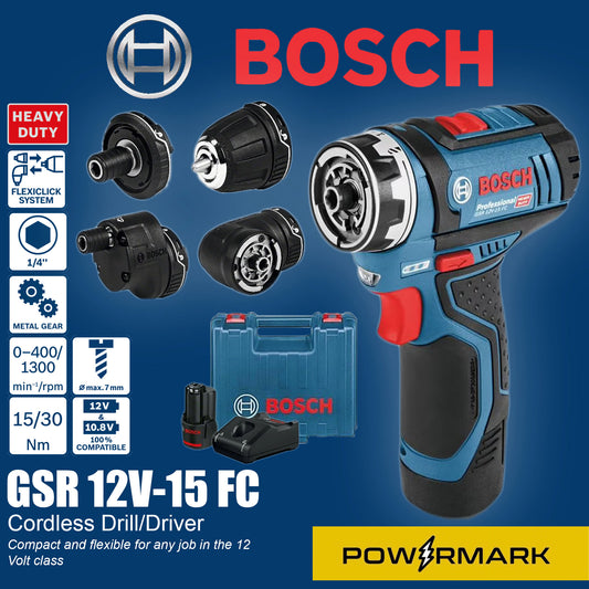 BOSCH GSR 12V-15 FC FlexiClick 5-in-1 Cordless Drill Driver (Set with Two Batteries and Charger)