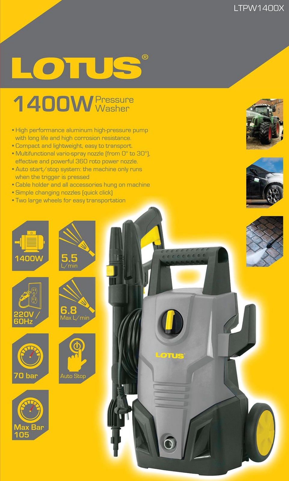 LOTUS LTPW1400X Pressure Washer 1400W with Wheels