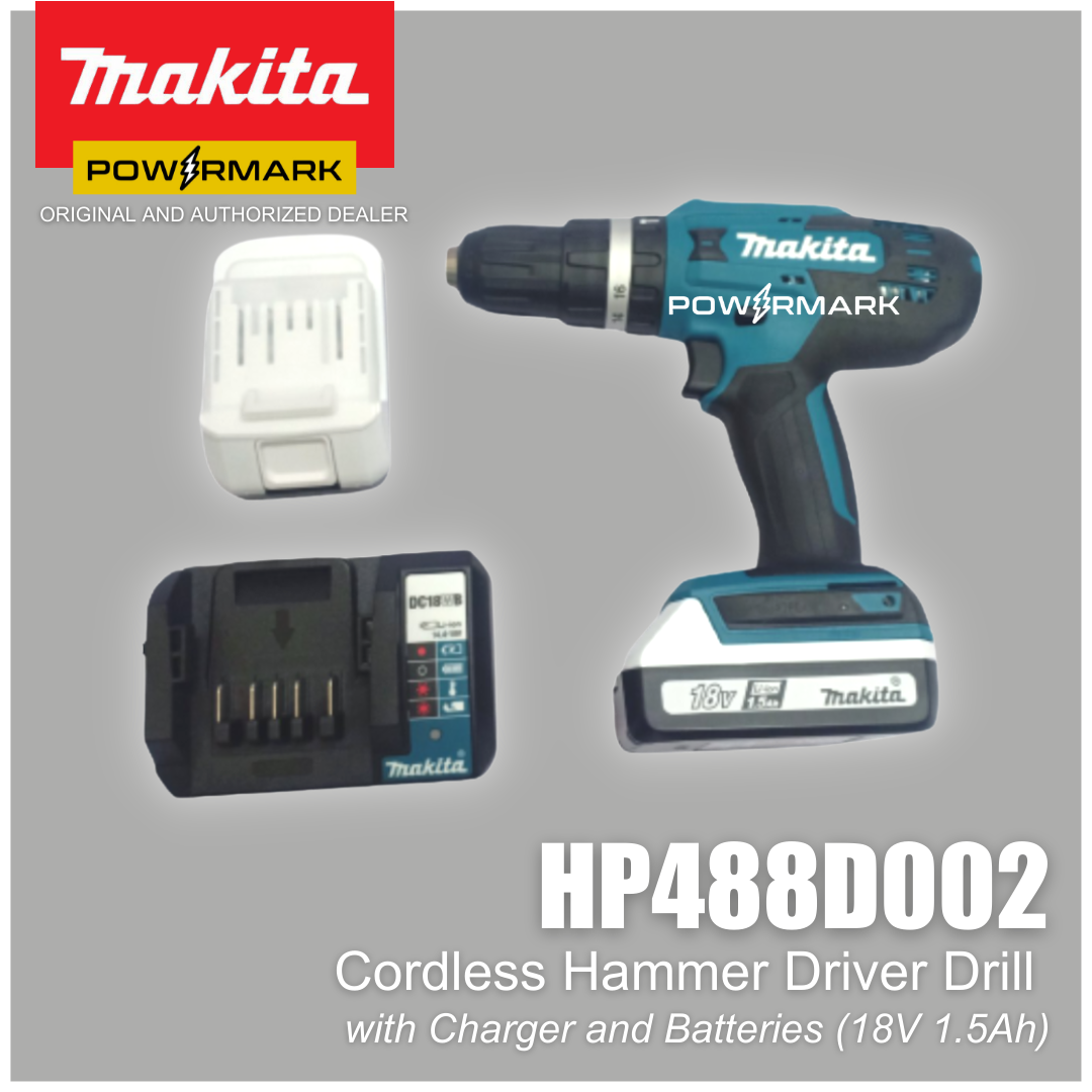 MAKITA HP488D002 Cordless Hammer Driver Drill with Charger and Batteries (18V 1.5Ah)
