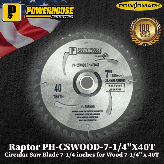 POWERHOUSE Raptor PH-CSWOOD-7-1/4"X40T Circular Saw Blade 7-1/4 inches for Wood 7-1/4" x 40T