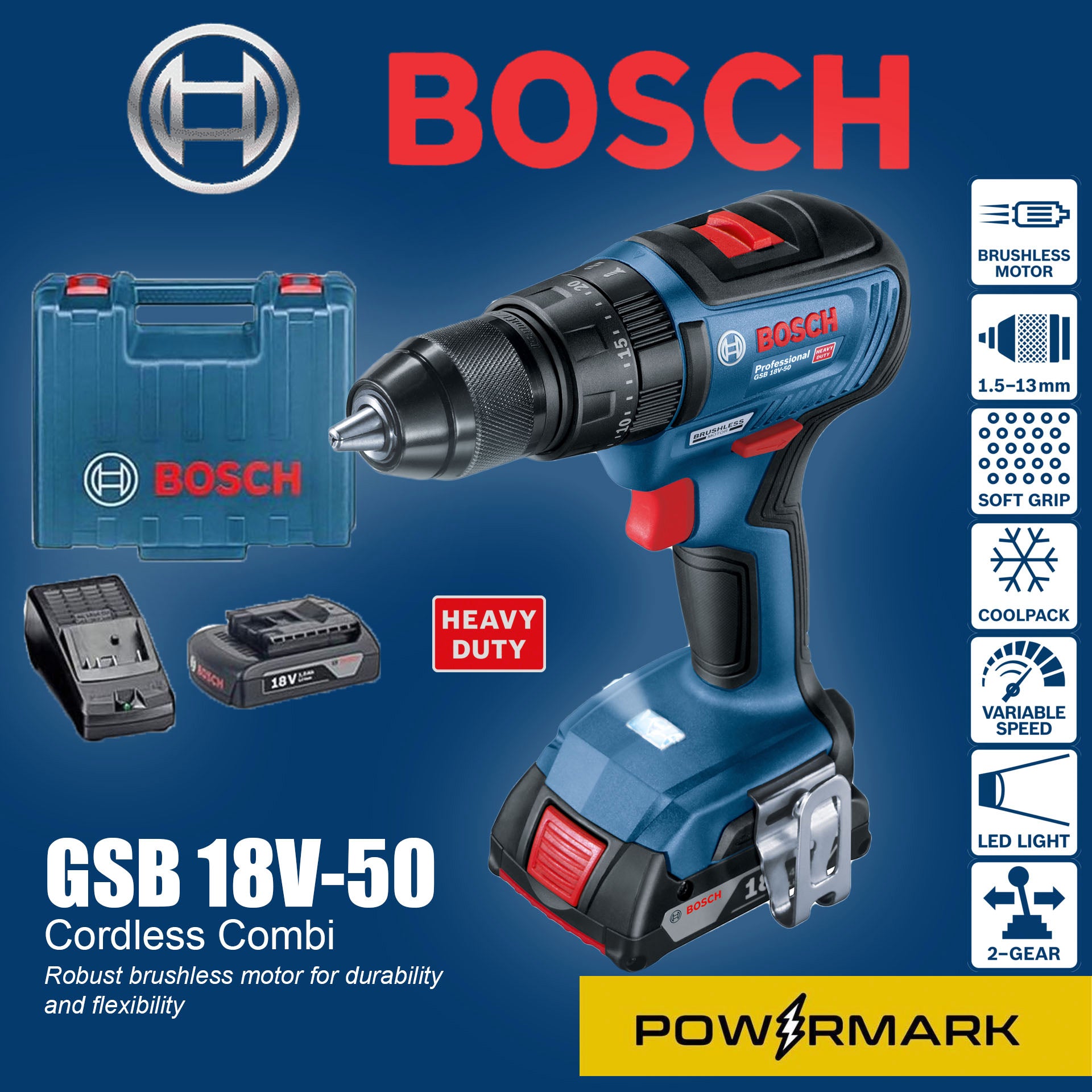 BOSCH GSB 18V-50 Cordless Impact Drill with Batteries Charger Set (BRUSHLESS MOTOR)