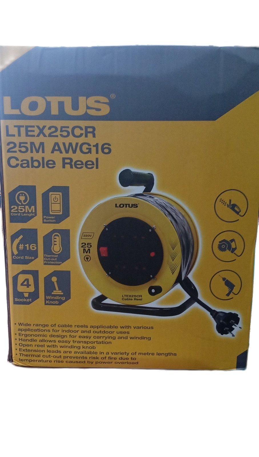 LOTUS LTEX25CR Cable Reel Extension Wheel Outlet AWG 16 (25M )