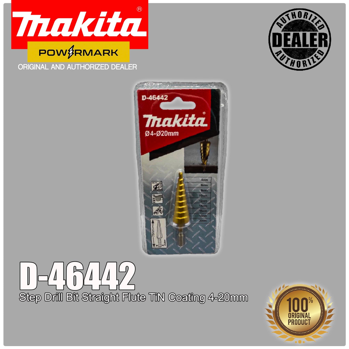 MAKITA D-46442 Step Drill Bit Straight Flute TiN Coating 4-20mm