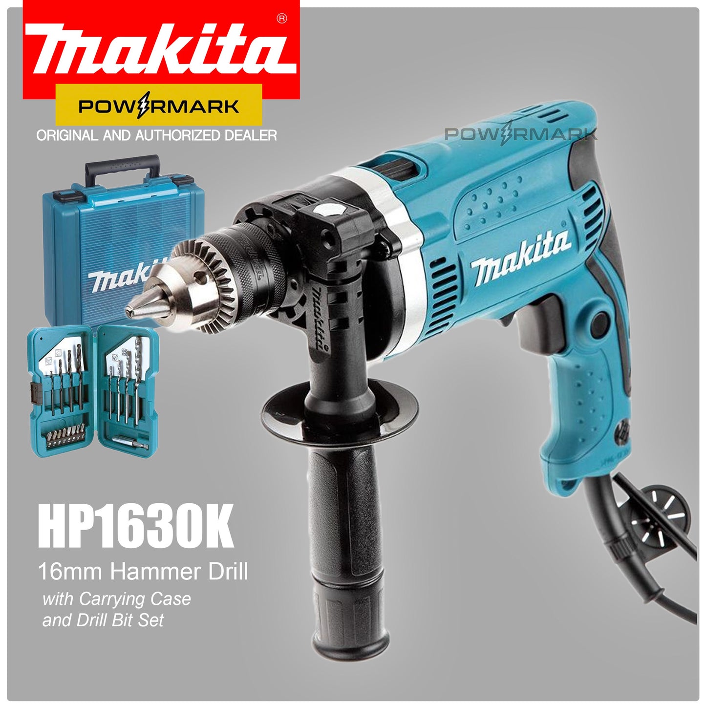 MAKITA HP1630K Hammer Drill 16mm (Variable Speed & Reversible) with Carrying Case and 17-pc. Drill Bit Set