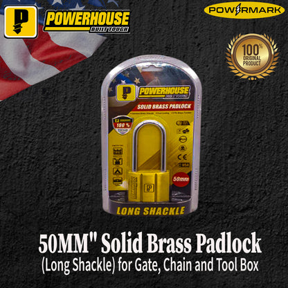 POWERHOUSE 50MM" Solid Brass Padlock (Long Shackle) for Gate, Chain and Tool Box