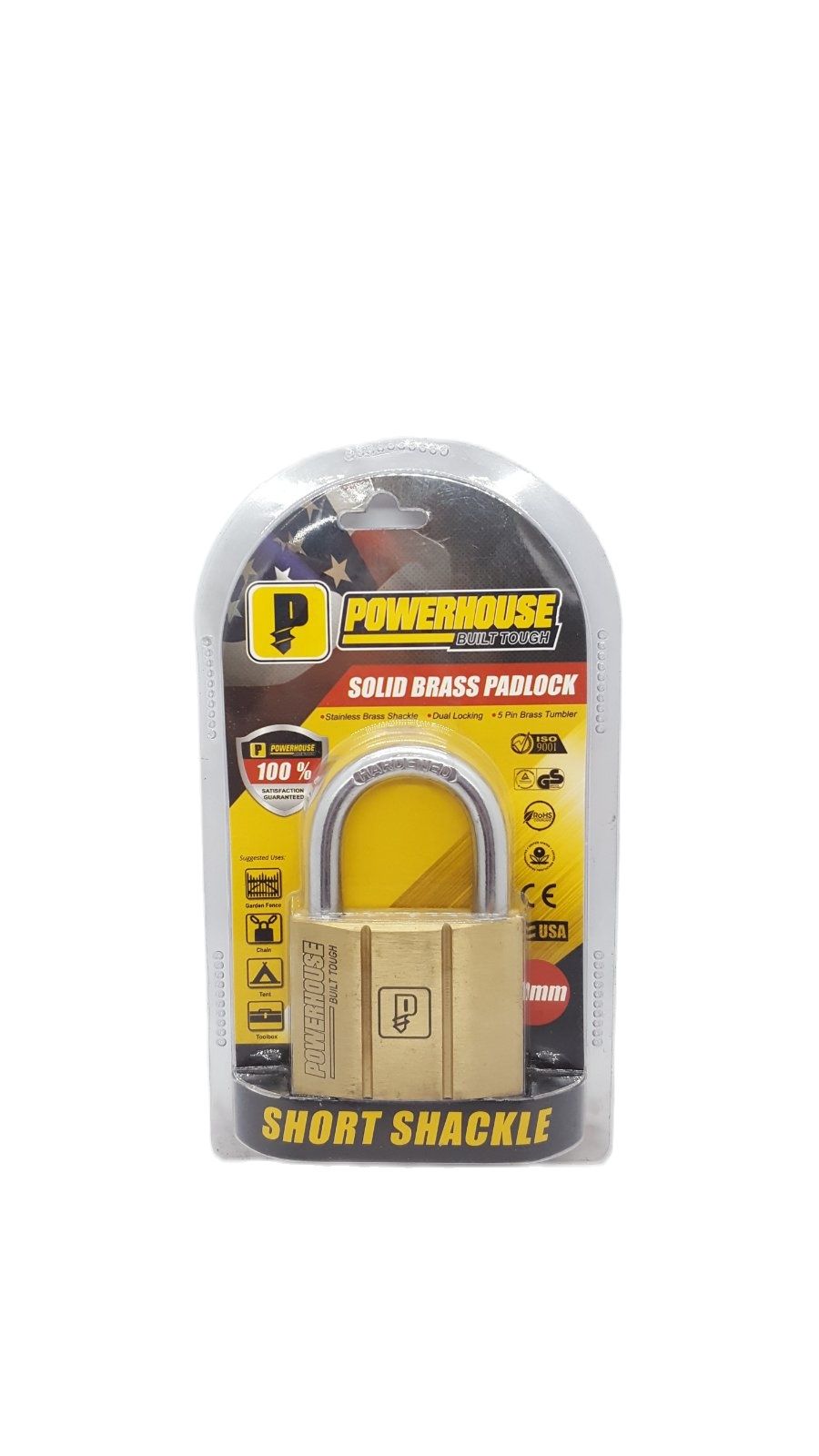 POWERHOUSE 60MM" Solid Brass Padlock (Short Shackle) for Gate, Chain and Tool Box