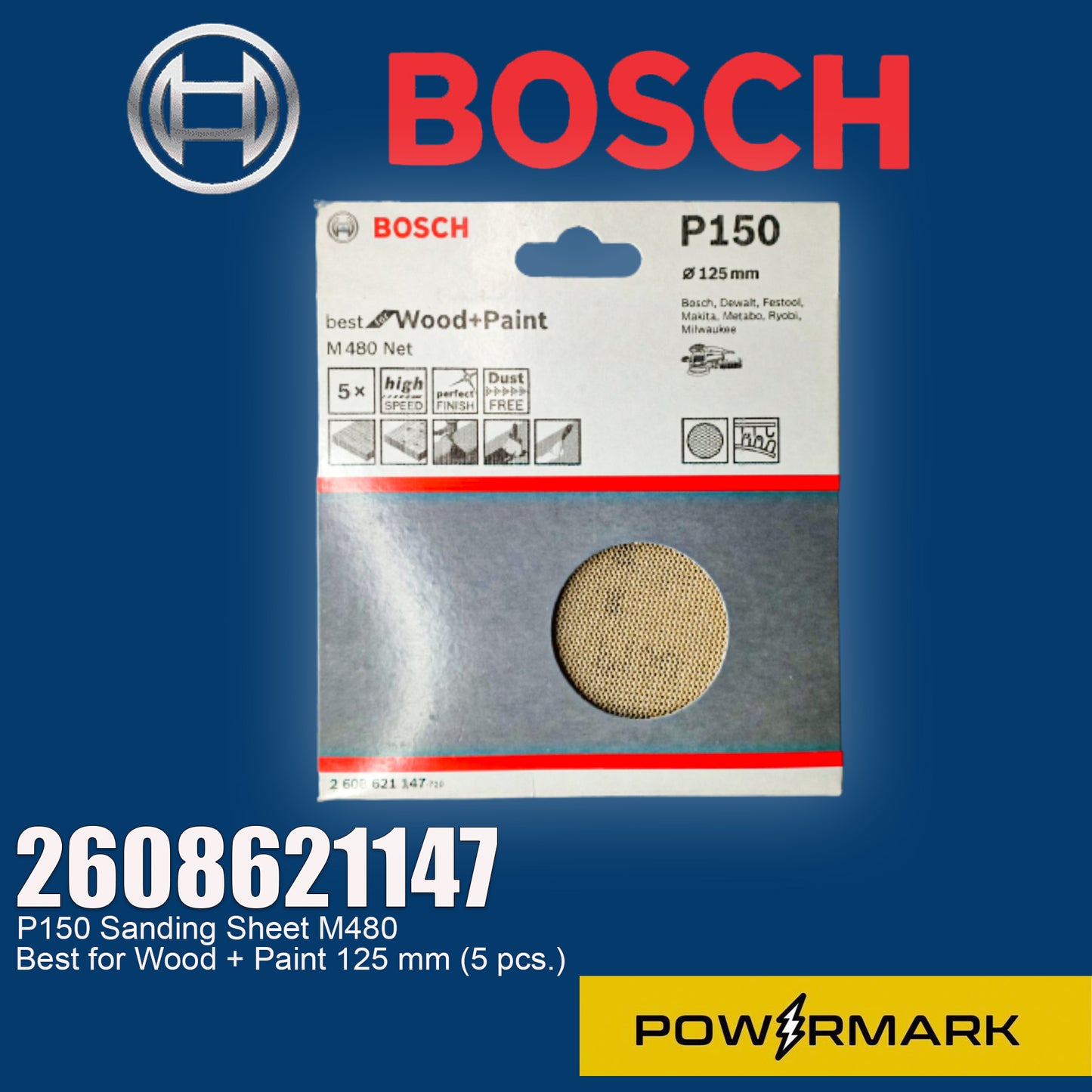 BOSCH 2608621147 P150 Sanding Sheet M480 Best for Wood + Paint 125 mm (5 pcs.)