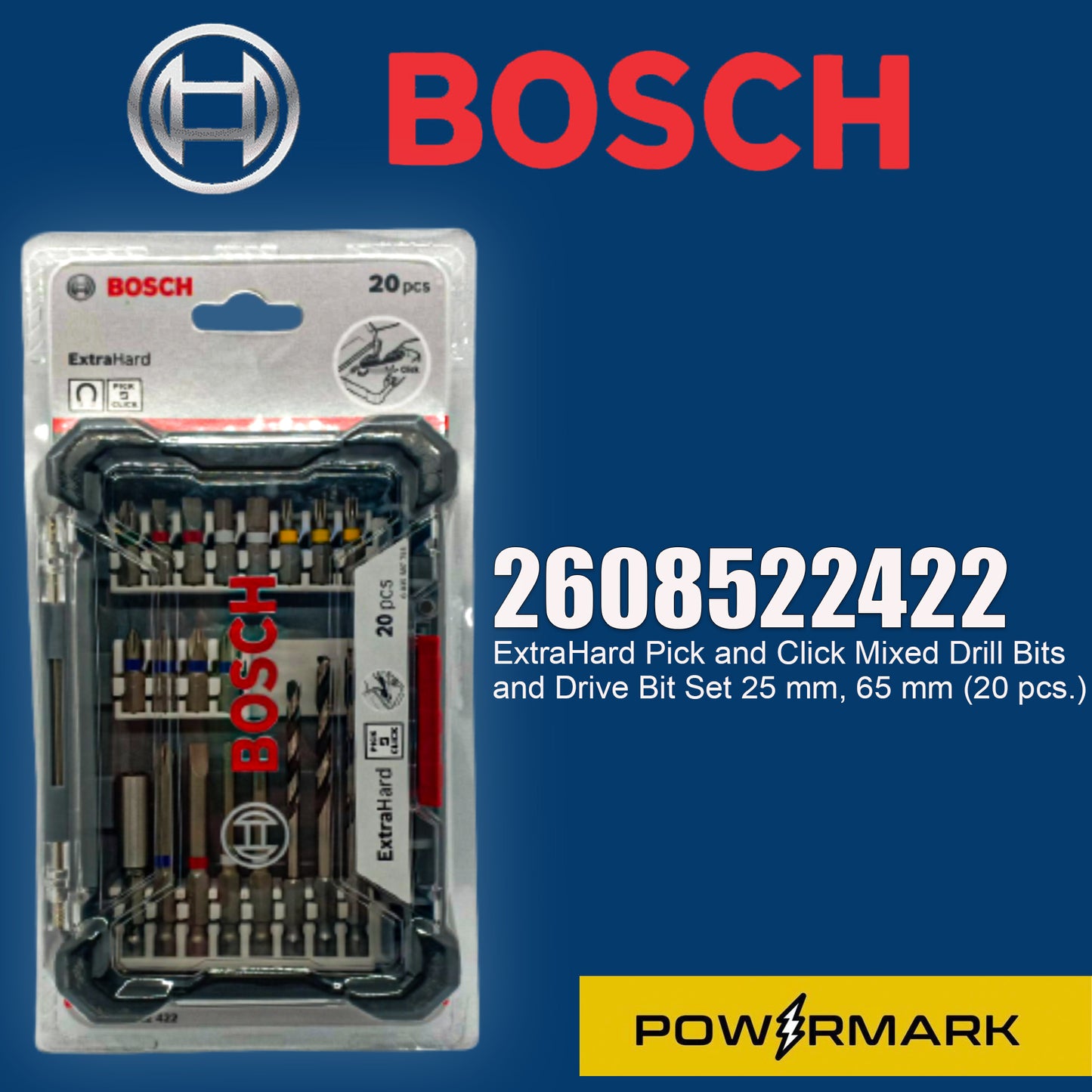 BOSCH 2608522422 ExtraHard Pick and Click Mixed Drill Bits and Drive Bit Set 25 mm, 65 mm (20 pcs.)