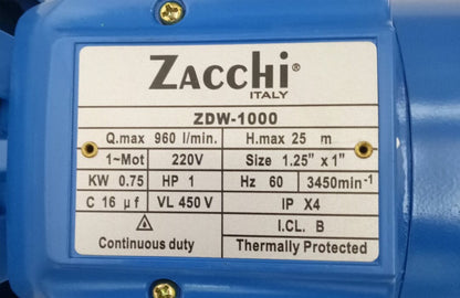 ZACCHI ZDW-1000 Electric Water Pump Deep Well 1HP with Ejector & Adaptor