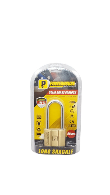 POWERHOUSE 50MM" Solid Brass Padlock (Long Shackle) for Gate, Chain and Tool Box