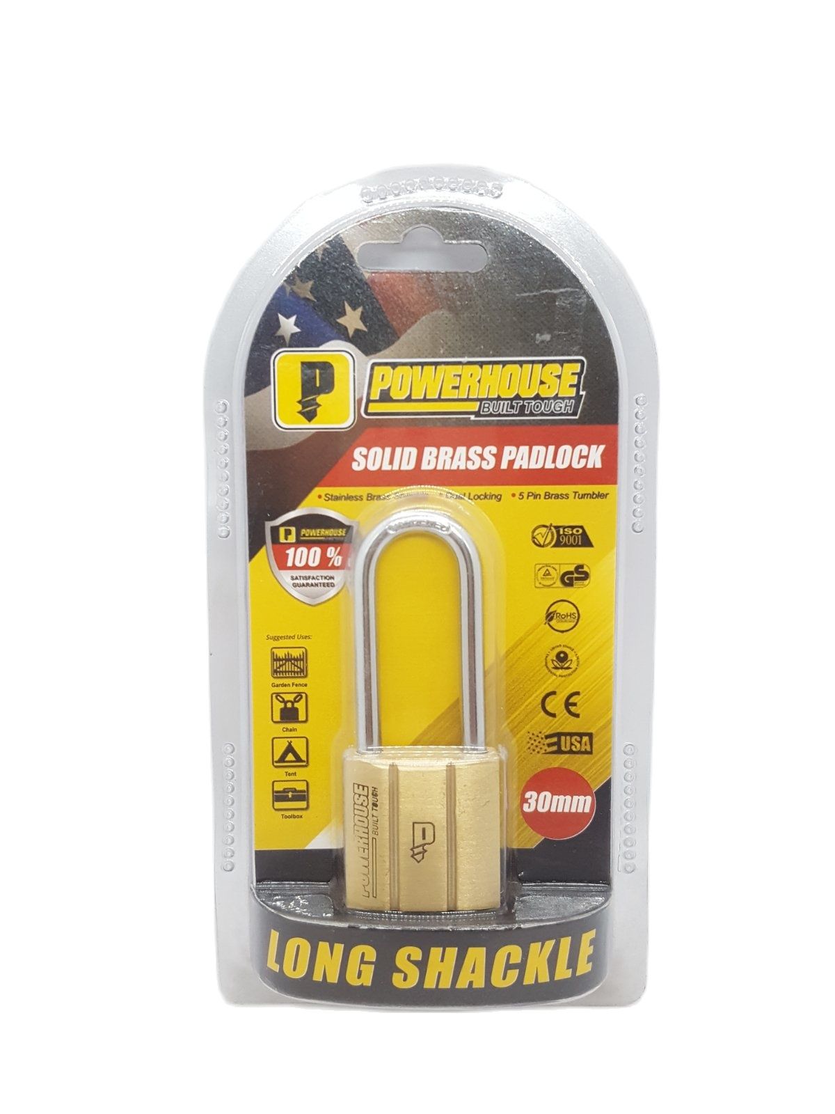 POWERHOUSE Solid Brass Padlock 30MM (Long Shackle)