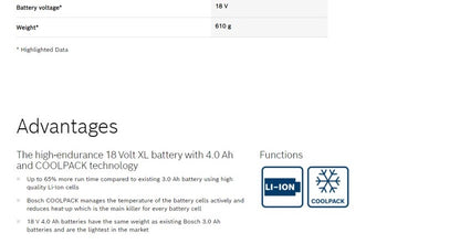 BOSCH GBA 18V 4.0Ah M-C Slide Pack Lithium Ion Battery