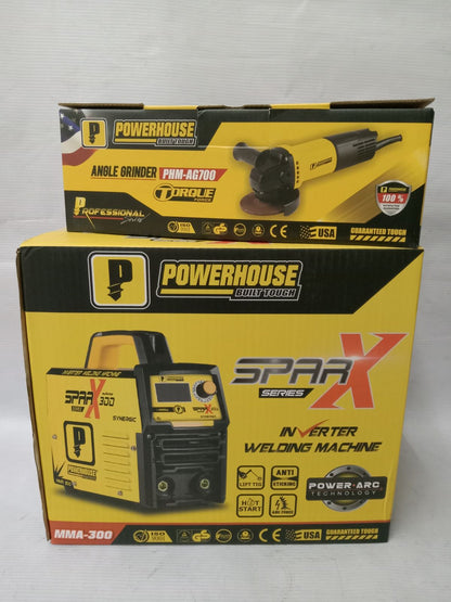 BUNDLE POWERHOUSE MMA-300 SPARX SERIES Inverter Welding Machine and PHM-AG700 Angle Grinder 700W