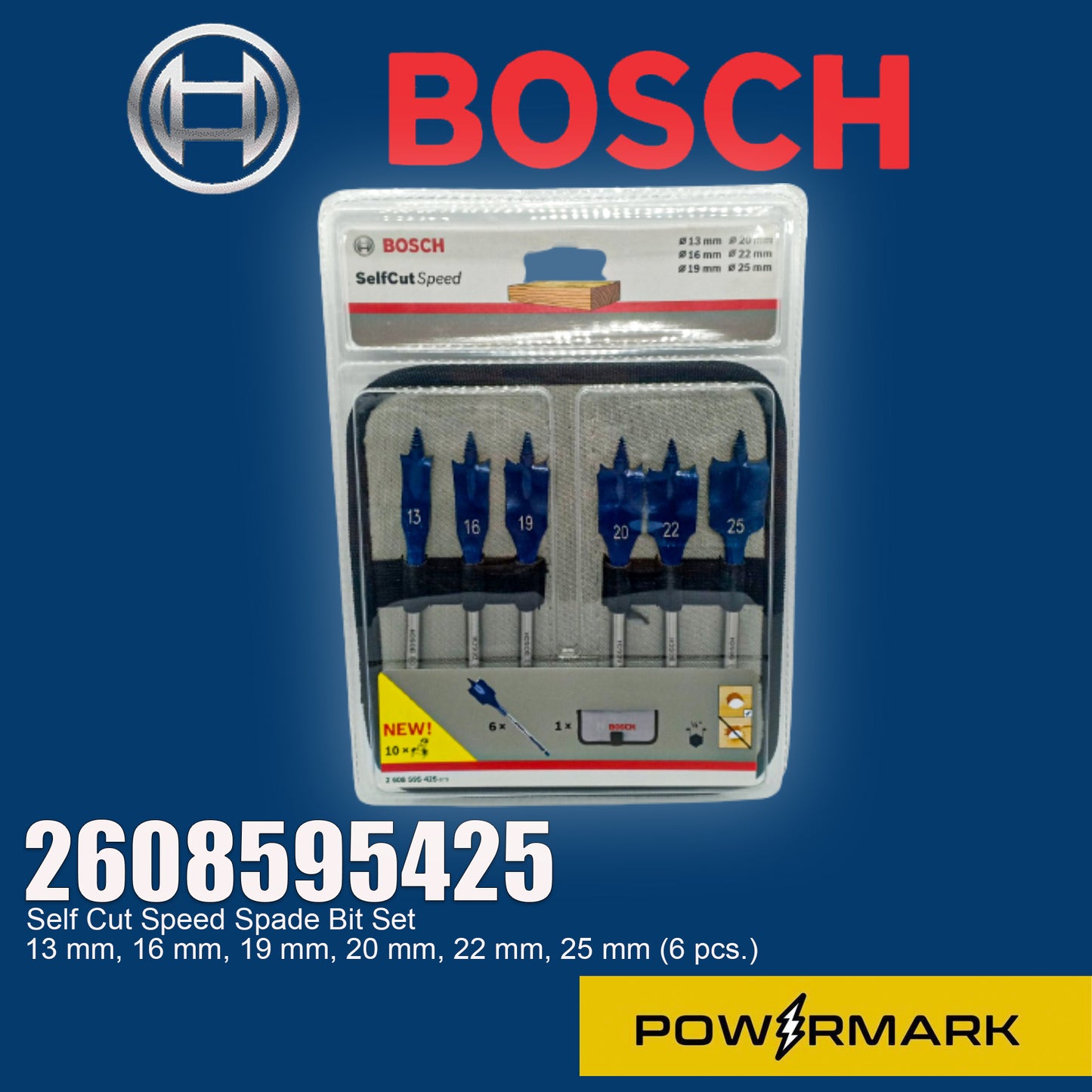 BOSCH 2608595425 Self Cut Speed Spade Bit Set 13 mm, 16 mm, 19 mm, 20 mm, 22 mm, 25 mm (6 pcs.)