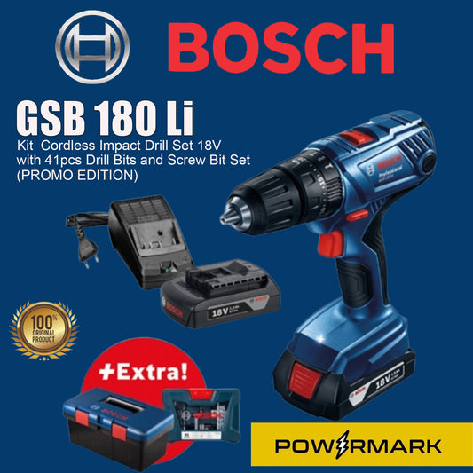 BOSCH GSB 180 Li Kit Cordless Impact Drill Set 18V with with 41pcs Drill Bits and Screw Bit Set (PROMO EDITION)