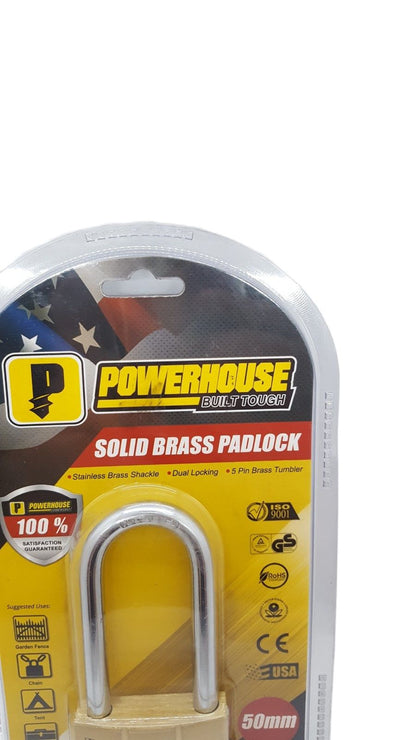 POWERHOUSE 50MM" Solid Brass Padlock (Long Shackle) for Gate, Chain and Tool Box