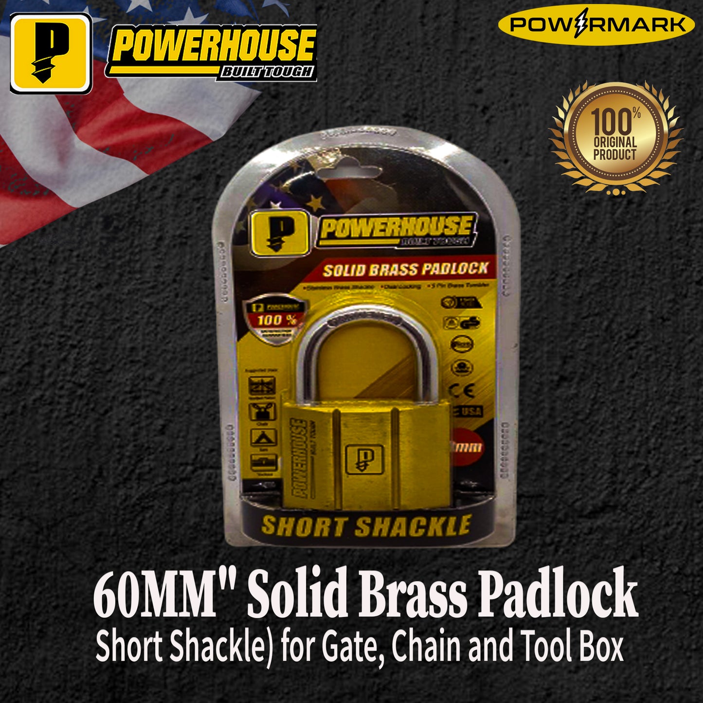 POWERHOUSE 60MM" Solid Brass Padlock (Short Shackle) for Gate, Chain and Tool Box