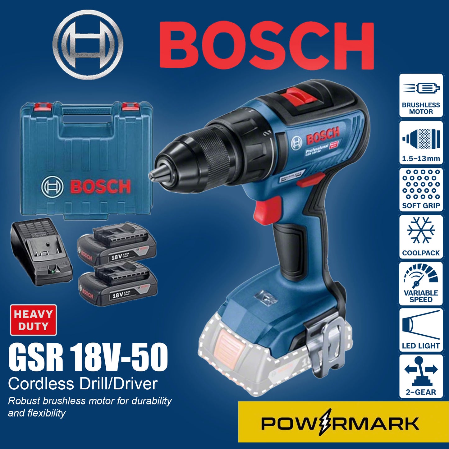 BOSCH GSR 18V-50 Brushless Cordless Drill / Driver Set (BRUSHLESS)