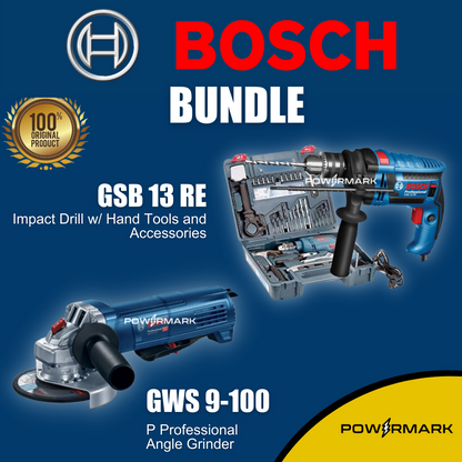 [BUNDLE] BOSCH GSB 13 RE Impact Drill With Hand Tools and Accessories + BOSCH GWS 9-100 P Professional Angle Grinder