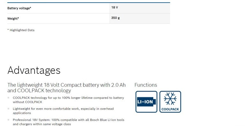 BOSCH GBA 18V 2.0Ah M-B Slide Pack Lithium Ion Battery