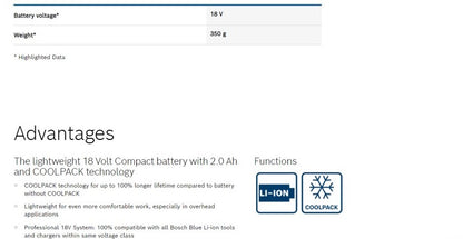 BOSCH GBA 18V 2.0Ah M-B Slide Pack Lithium Ion Battery