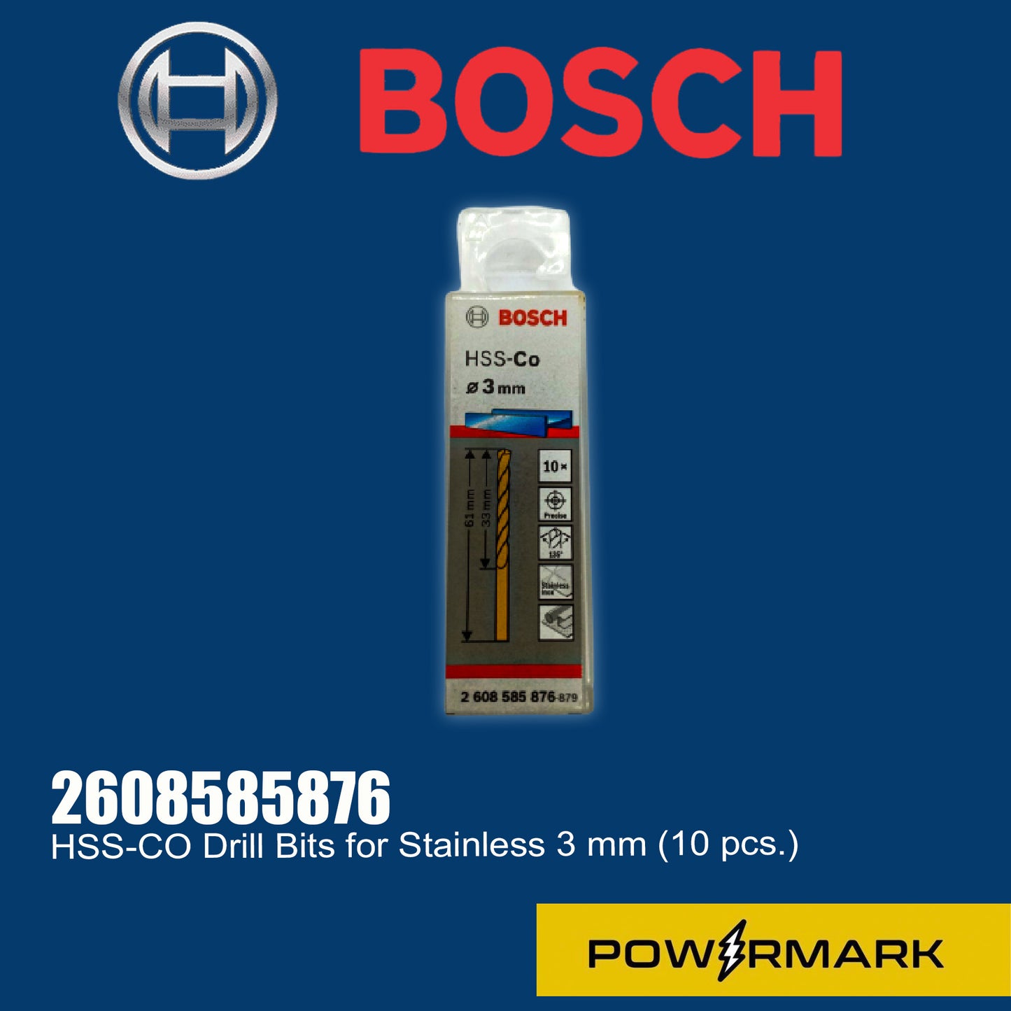 BOSCH 2608585876 HSS-CO Drill Bits for Stainless 3 mm (10 pcs.)