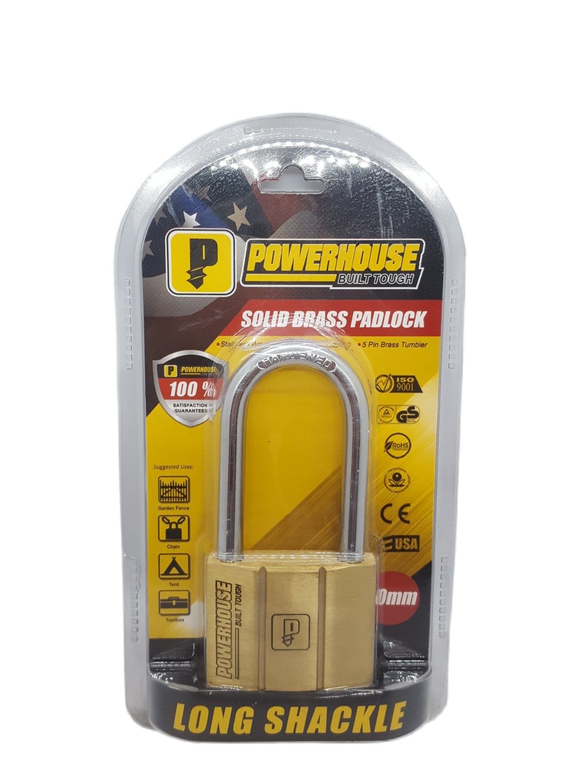 POWERHOUSE Solid Brass Padlock 60MM (Long Shackle)