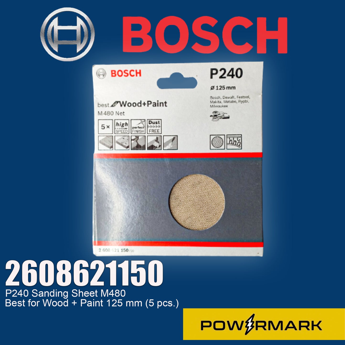 BOSCH 2608621150 P240 Sanding Sheet M480 Best for Wood + Paint 125 mm (5 pcs.)