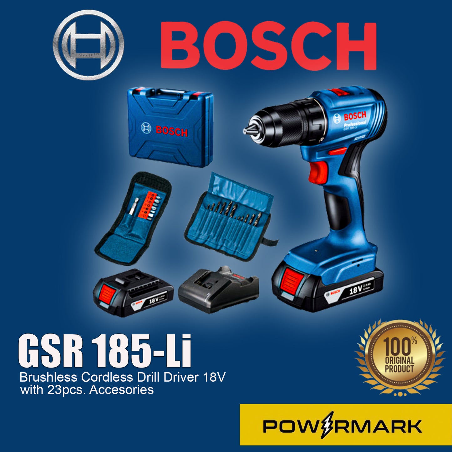 BOSCH GSR 185-Li Brushless Cordless Drill Driver 18V with 23pcs. Accesories