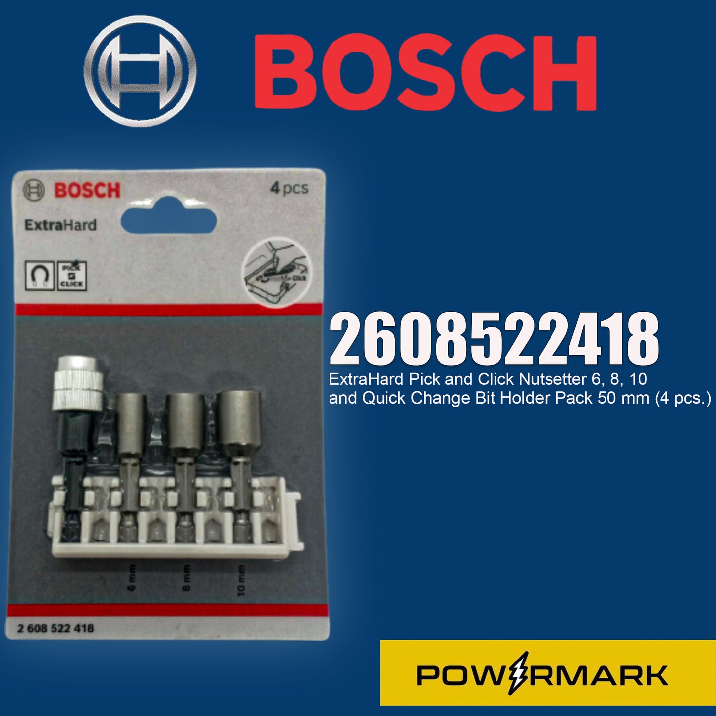 BOSCH 2608522418 ExtraHard Pick and Click Nutsetter 6, 8, 10 and Quick Change Bit Holder Pack 50 mm (4 pcs.)