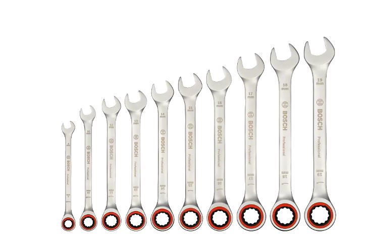 BOSCH 1600A02AU0 Professional Chrome Vanadium Ratchet Spanner Set 8-19mm