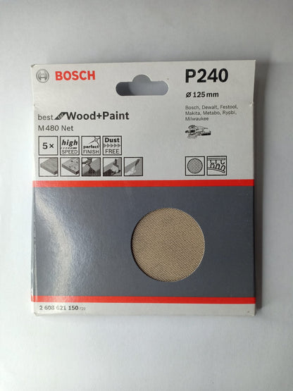 BOSCH 2608621150 P240 Sanding Sheet M480 Best for Wood + Paint 125 mm (5 pcs.)