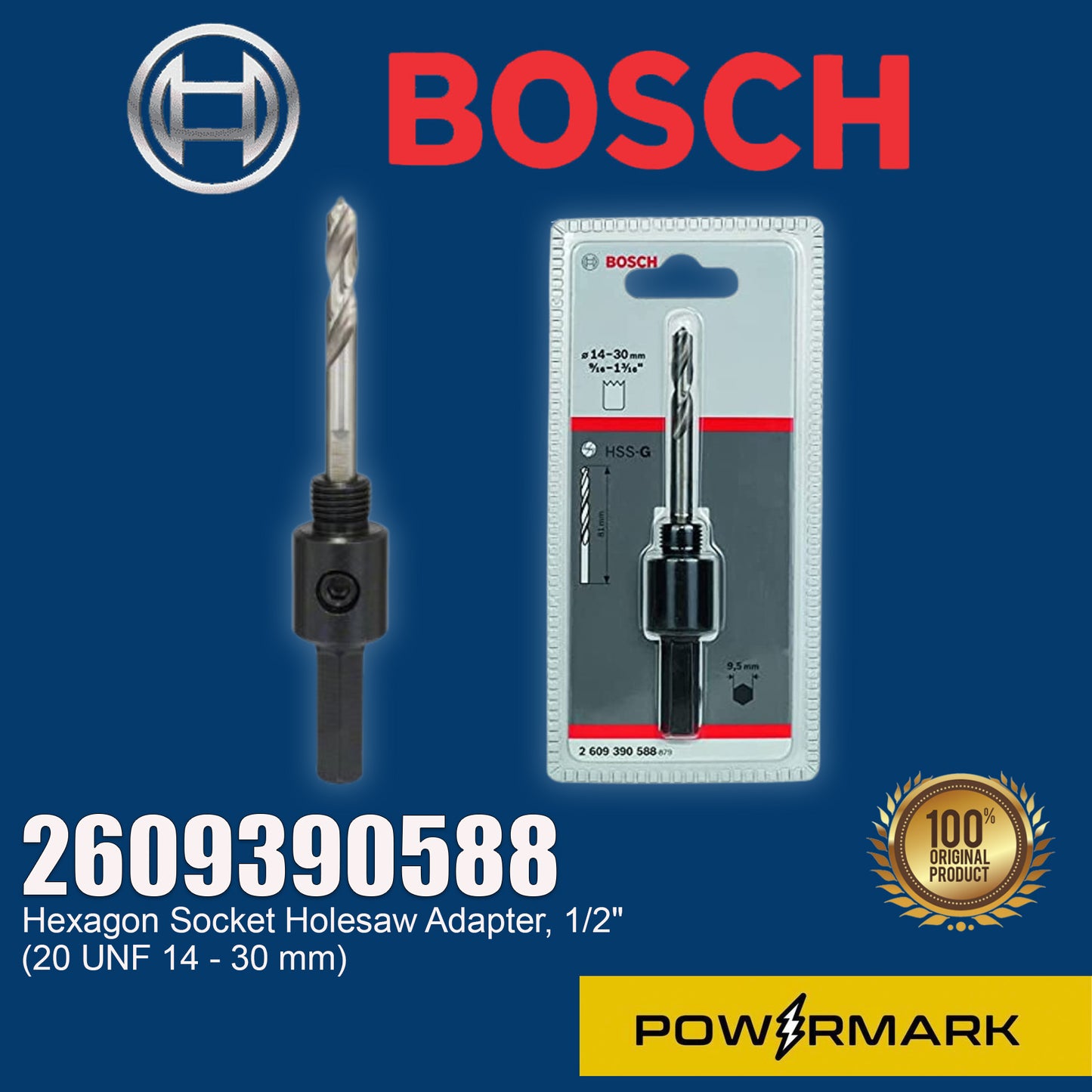 Bosch 2609390588 Hexagon Socket Holesaw Adapter, 1/2" (20 UNF 14 - 30 mm)