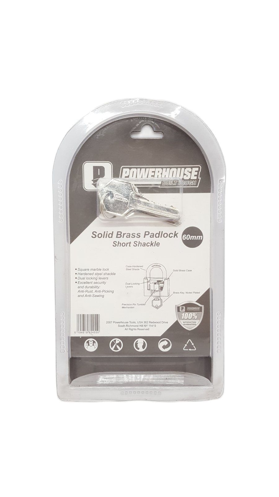 POWERHOUSE 60MM" Solid Brass Padlock (Short Shackle) for Gate, Chain and Tool Box